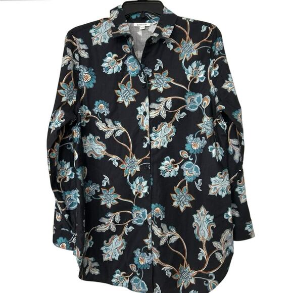Chico’s Black Floral No Iron Cotton Stretch Button Down Tunic Blouse New Size 10 - Picture 3 of 14